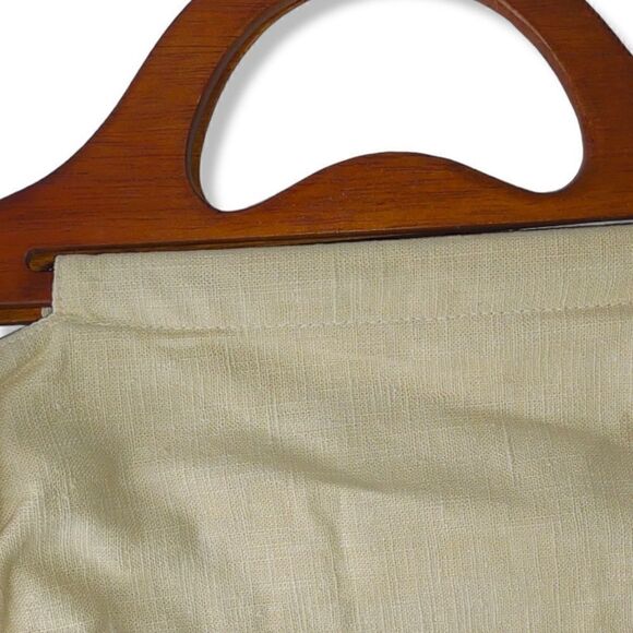 Vintage Cream Blue Handbag Cotton Jeweled Peacock Brown Wooden Handle Lined - Picture 7 of 8